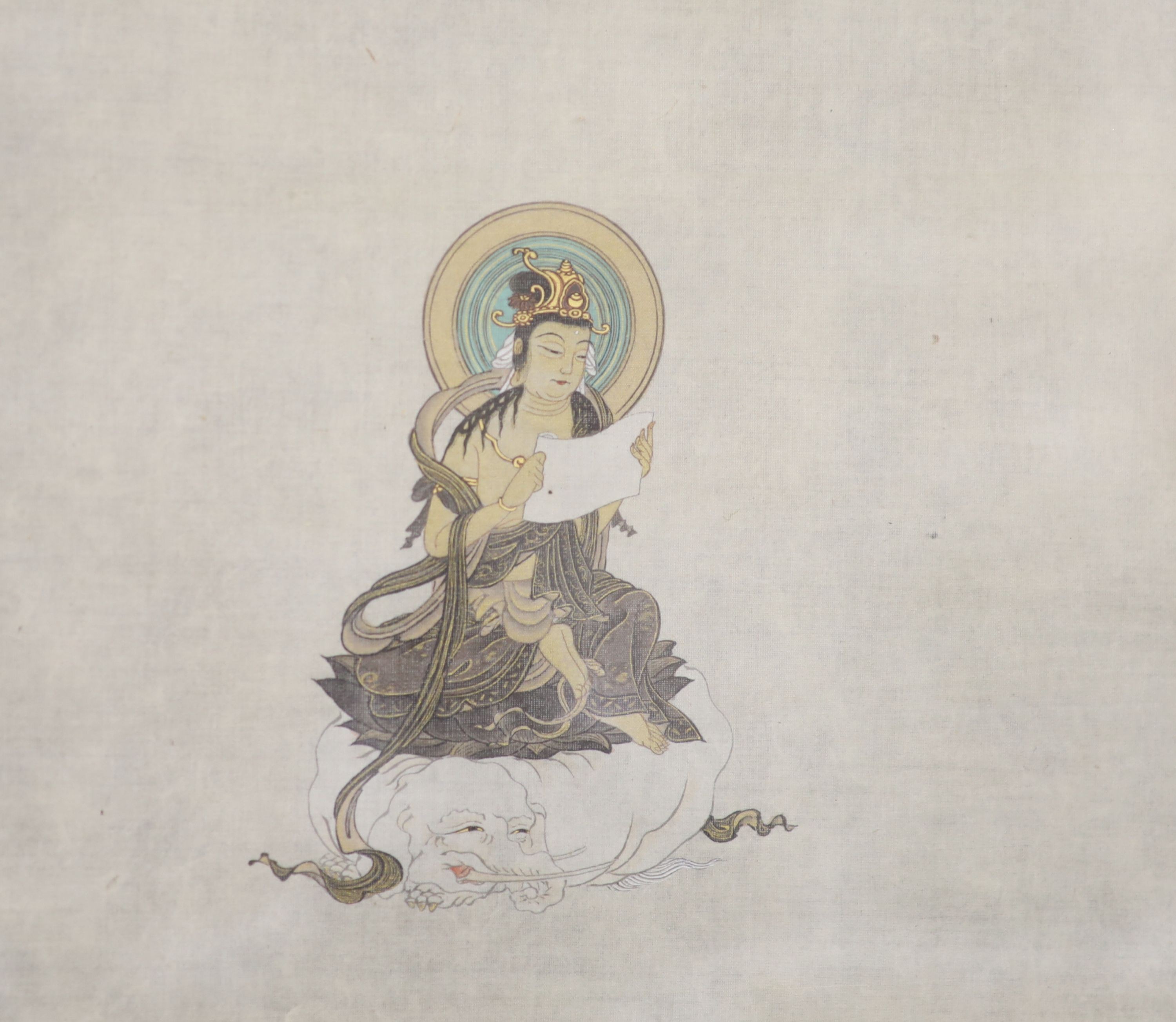 A modern Buddhist watercolour on silk, 24 x 30cm. and another on paper, 62 x 62cm.